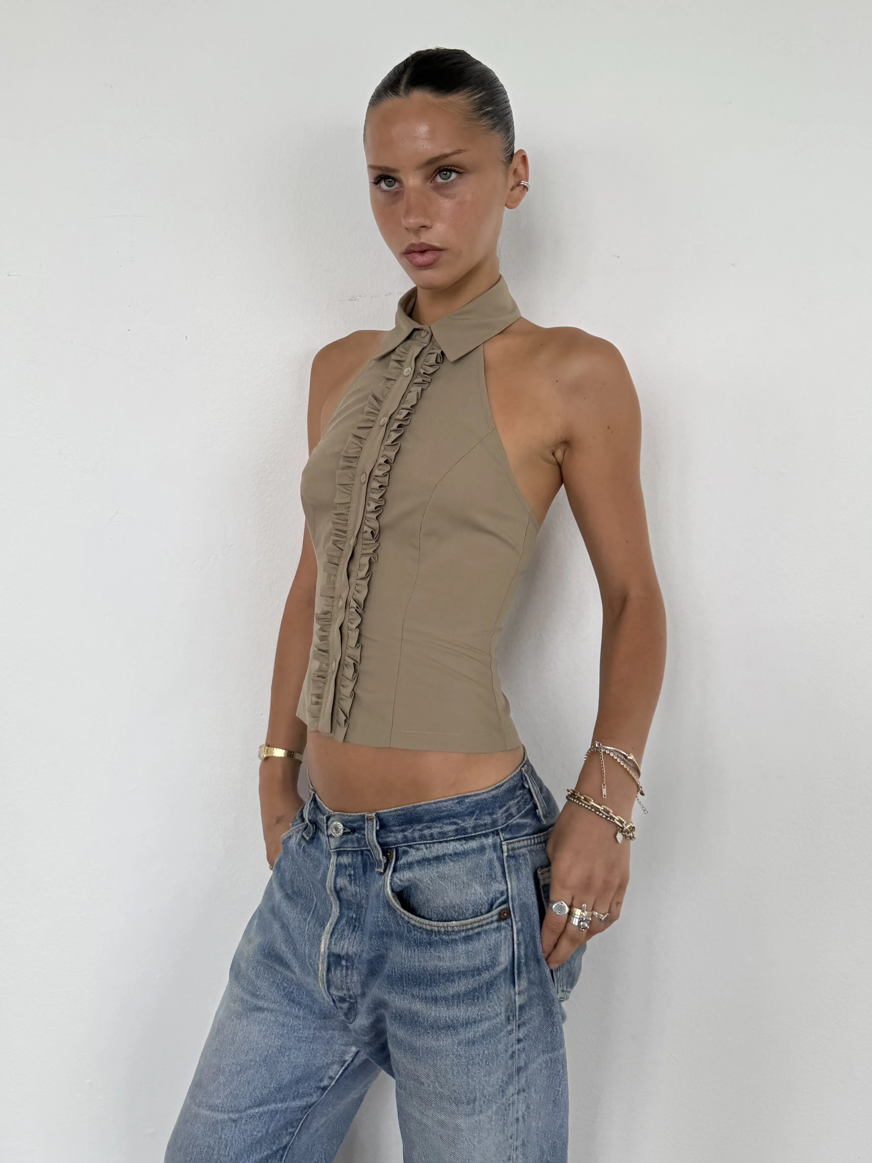 Ruffle Halter Shirt | Khaki sold by With Consideration
