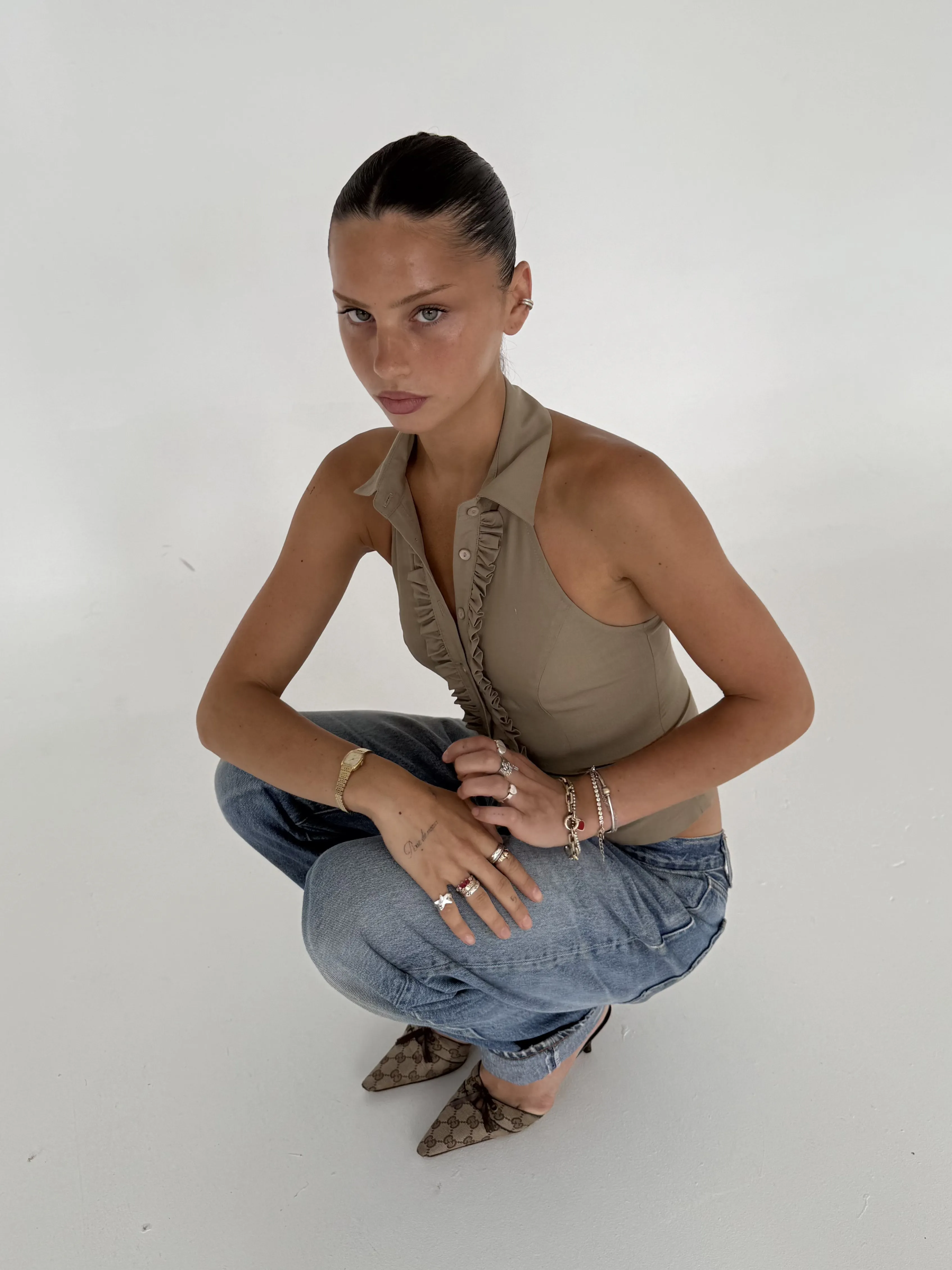 Ruffle Halter Shirt | Khaki sold by With Consideration product image thumbnail 2