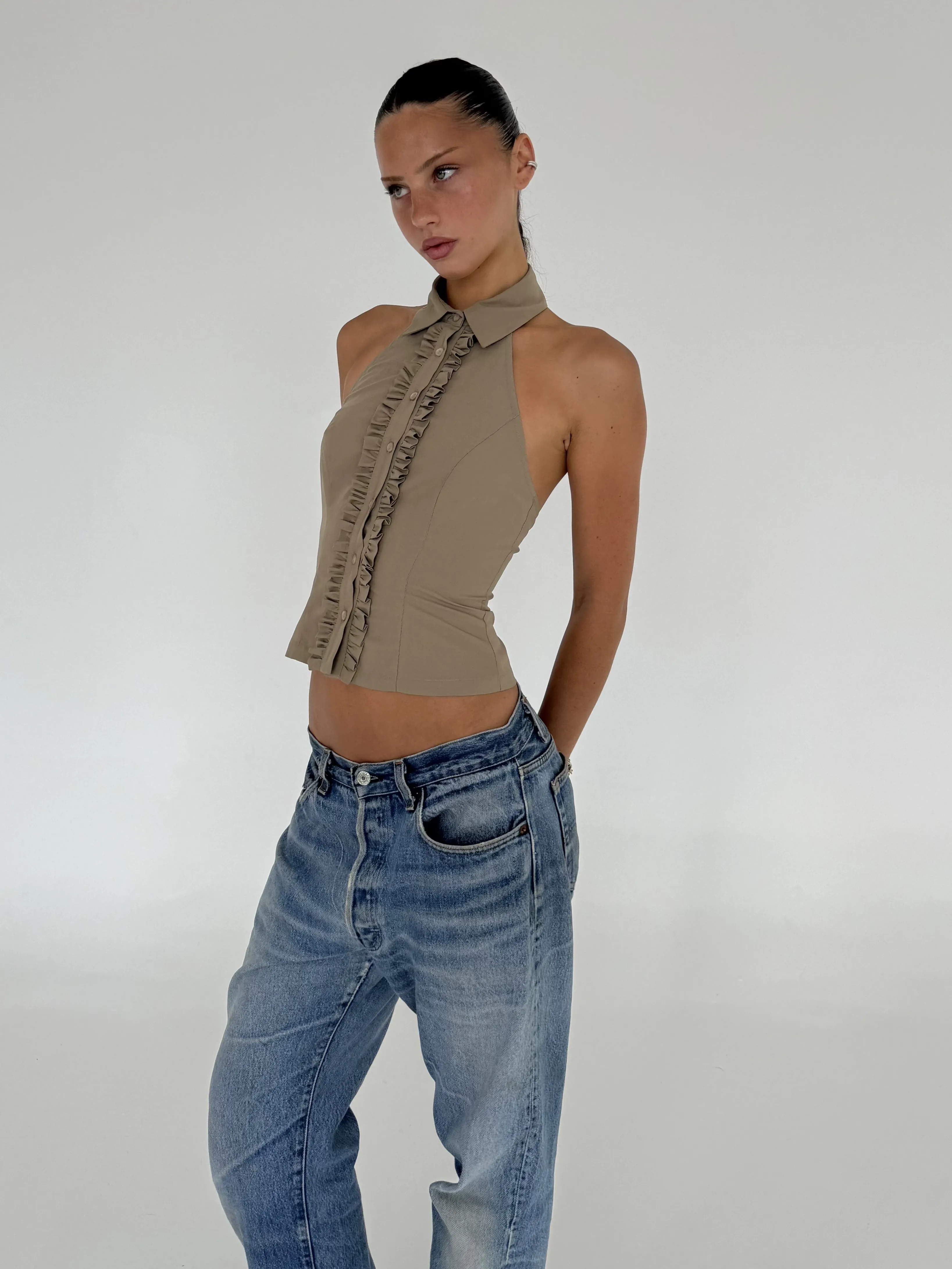 Ruffle Halter Shirt | Khaki sold by With Consideration product image thumbnail 3
