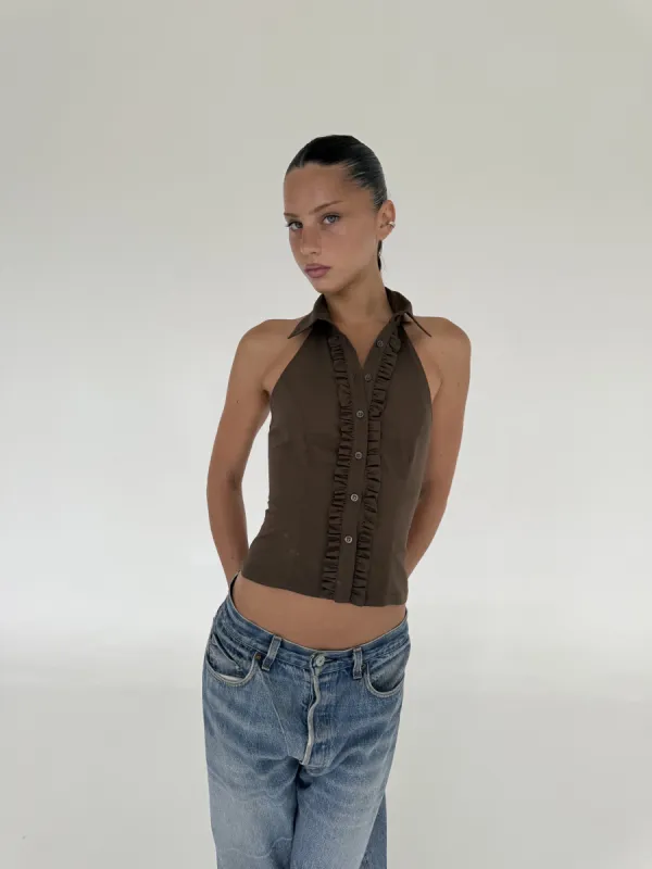 Ruffle Halter Shirt | Chocolate sold by With Consideration