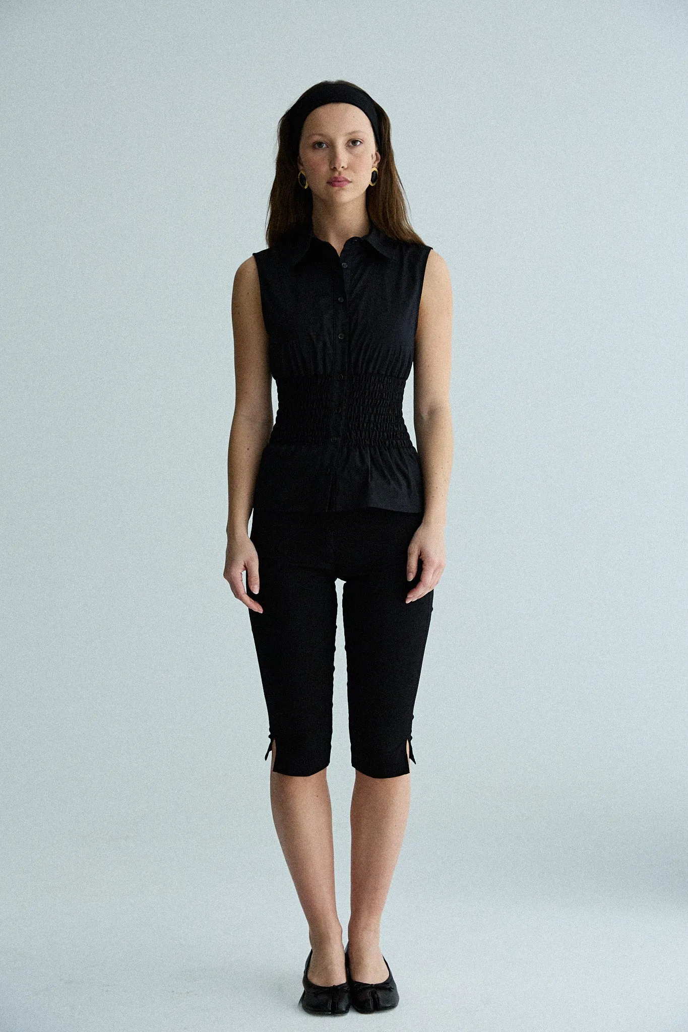 sleeveless shirred shirt - black sold by With Consideration