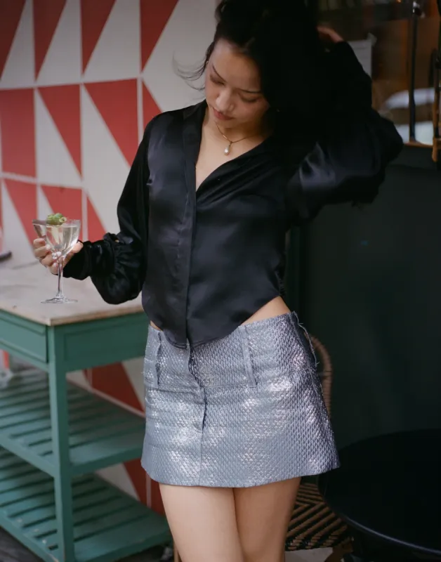 Low Rise Belted Mini Skirt - Quilted Silver sold by Dana Foley NYC