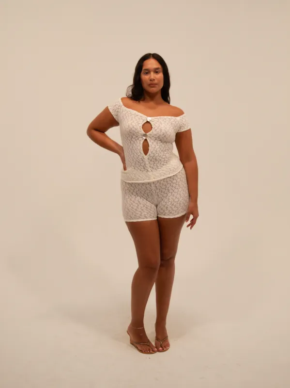 LACE BIKE SHORTS IN IVORY sold by Buci