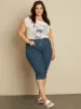 Straight semi-fitted pull-on denim capri sold by Claire France