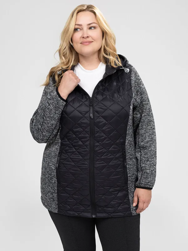 Mid thight semi-fitted soft shell jacket sold by Claire France