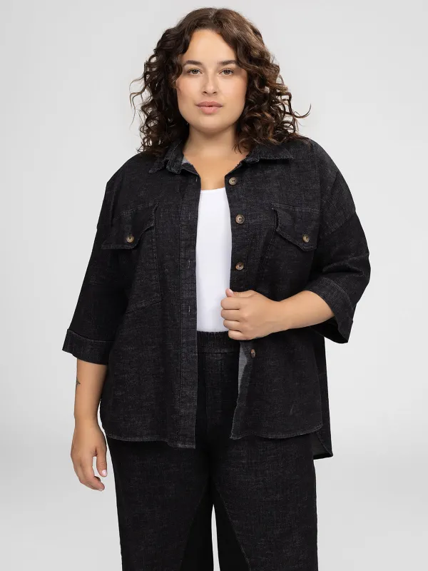 Loose denim blouse sold by Claire France