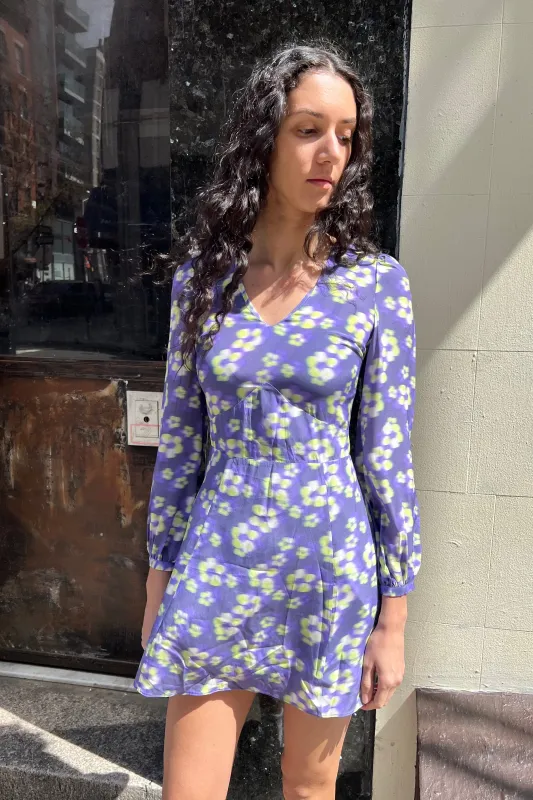 Silk LS V-Neck Mini Dress Sample - Daisy Blur sold by WRAY