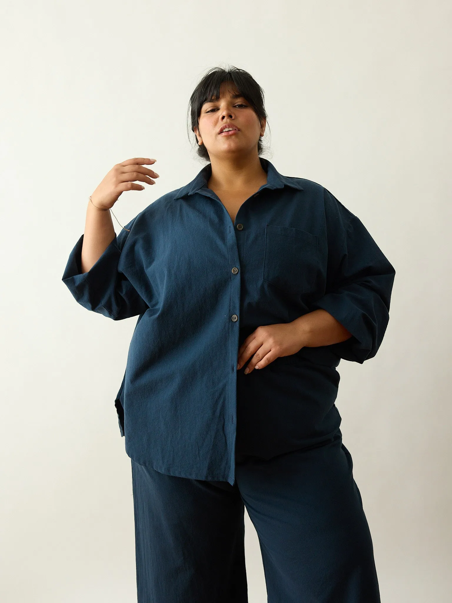 NAVY COTTON CREPE TOMMY BUTTON UP sold by Free Label product image thumbnail 2