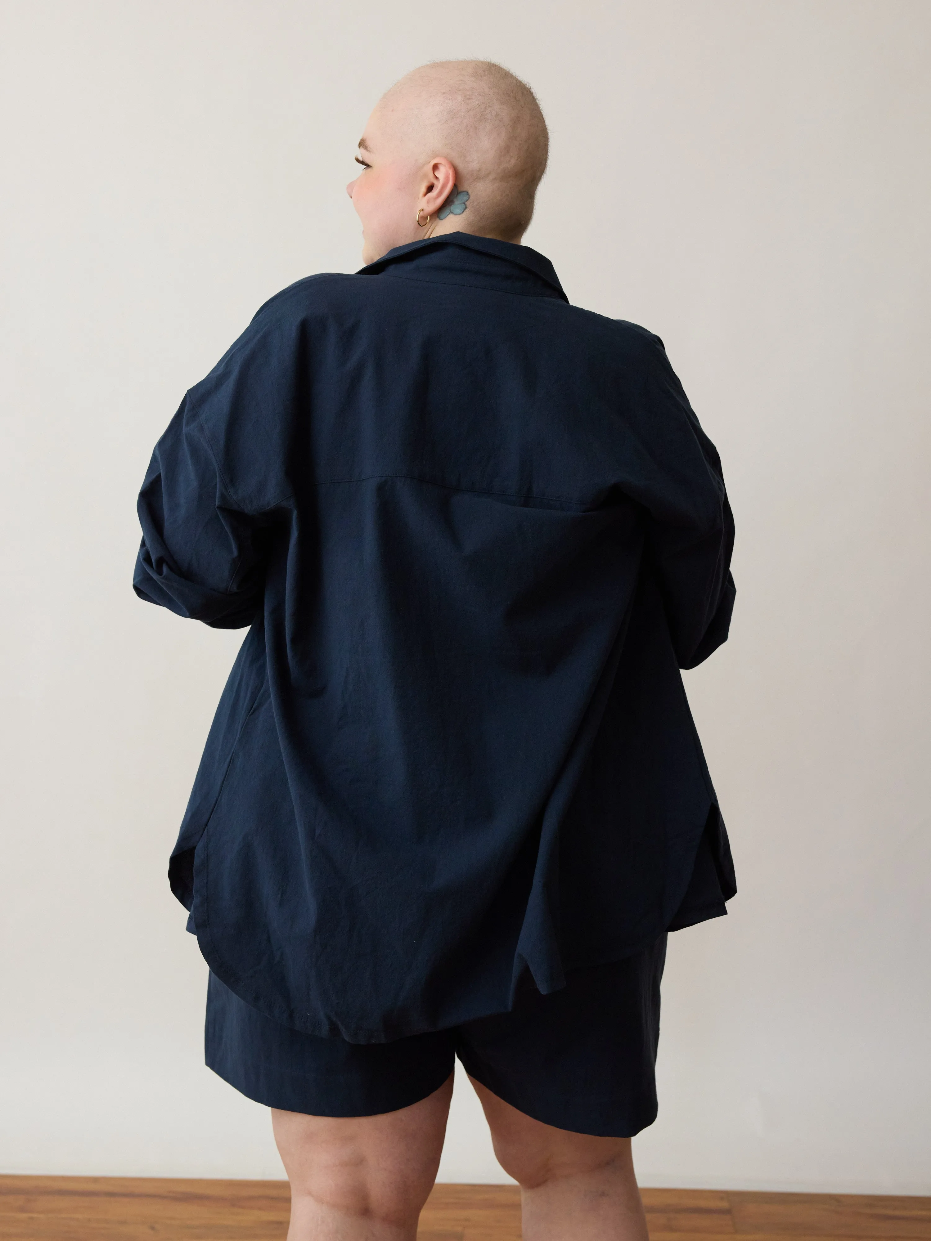 NAVY COTTON CREPE TOMMY BUTTON UP sold by Free Label