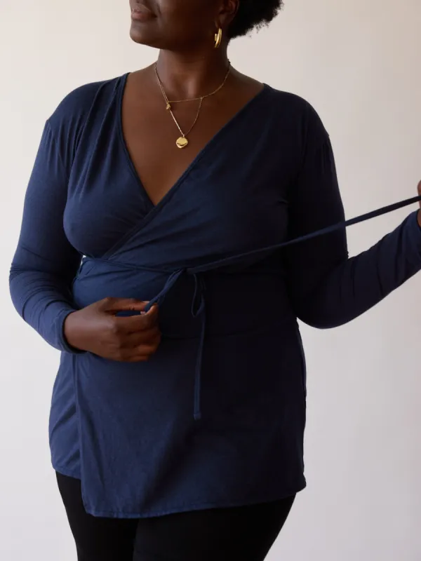 NAVY CHARLENE WRAP TOP sold by Free Label