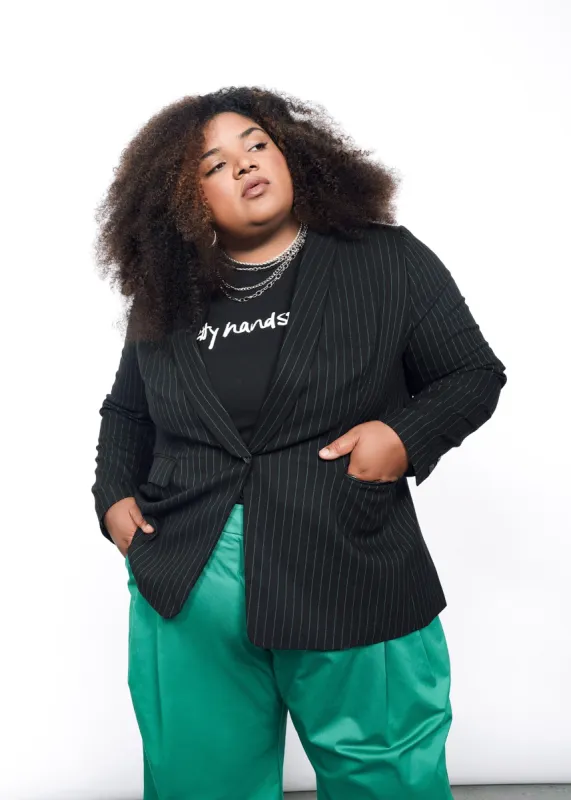 The Empower Pinstripe Tux Blazer sold by WILDFANG