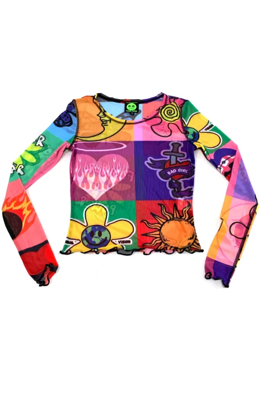 TUNNEL VISION SECONDHAND (GRADE A) Rainbow Patch Print Mesh Long-Sleever sold by Tunnel Vision