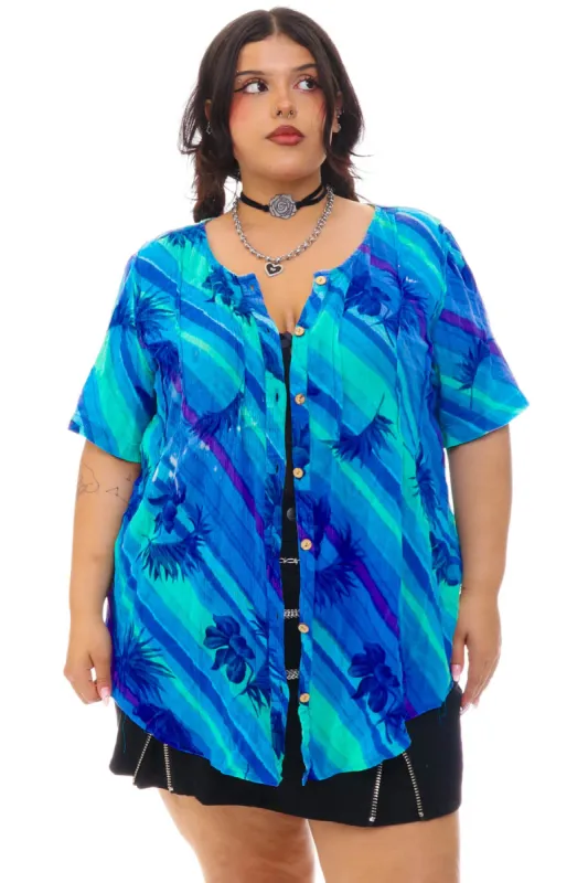 Vintage 90's Floral Blue Button Up - XL/2X/3X sold by Tunnel Vision