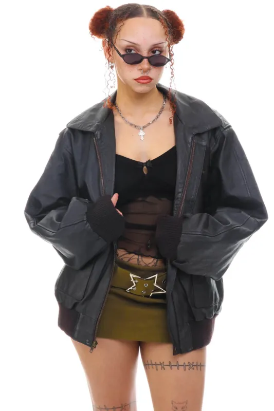 Vintage 80's Heavy Duty Black Leather Bomber Jacket - OSFM sold by Tunnel Vision