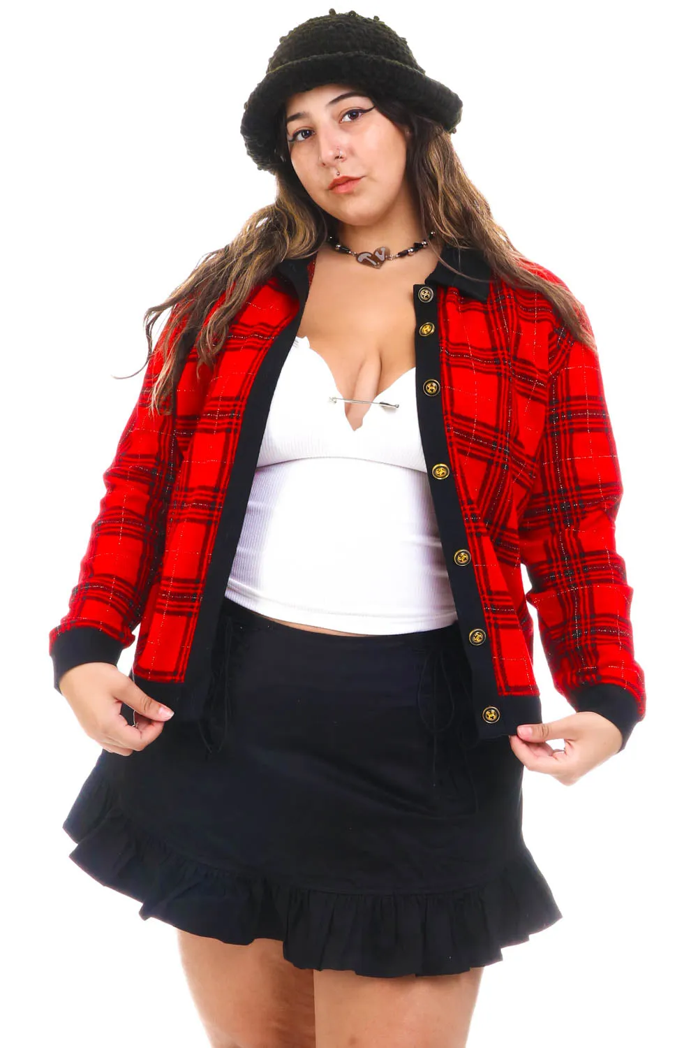 Vintage 80's Red Plaid Gold Button Up Cardi - OSFM sold by Tunnel Vision product image thumbnail 3
