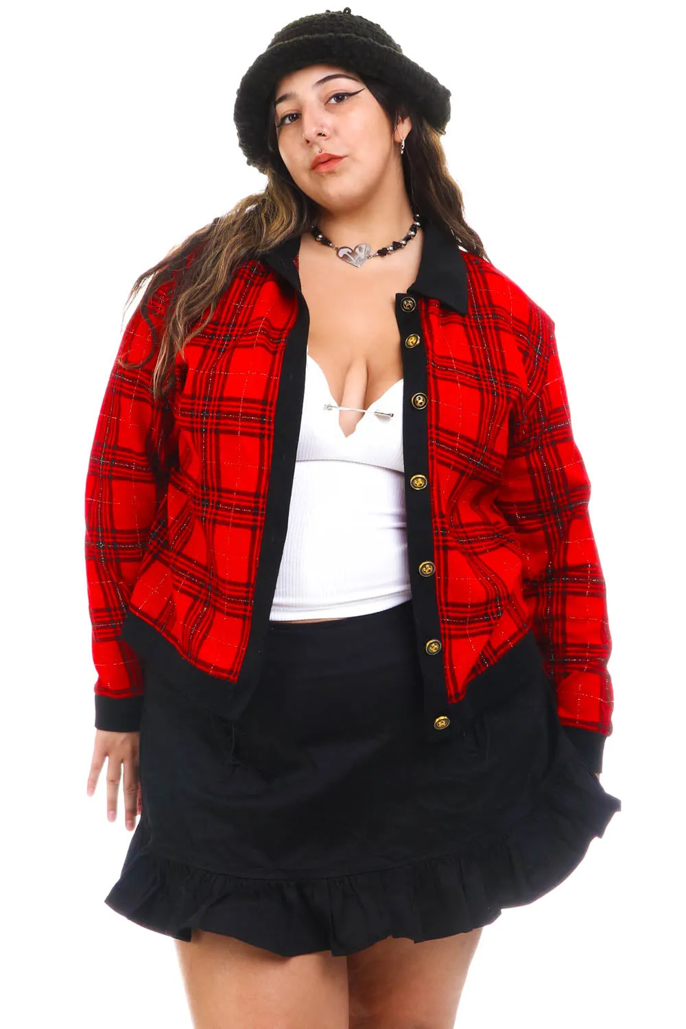 Vintage 80's Red Plaid Gold Button Up Cardi - OSFM sold by Tunnel Vision product image thumbnail 2