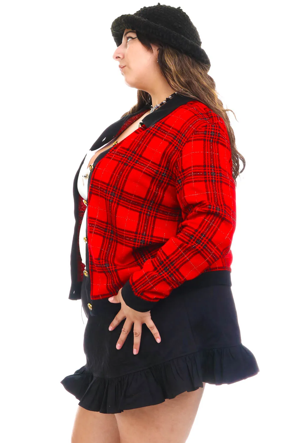 Vintage 80's Red Plaid Gold Button Up Cardi - OSFM sold by Tunnel Vision product image thumbnail 4