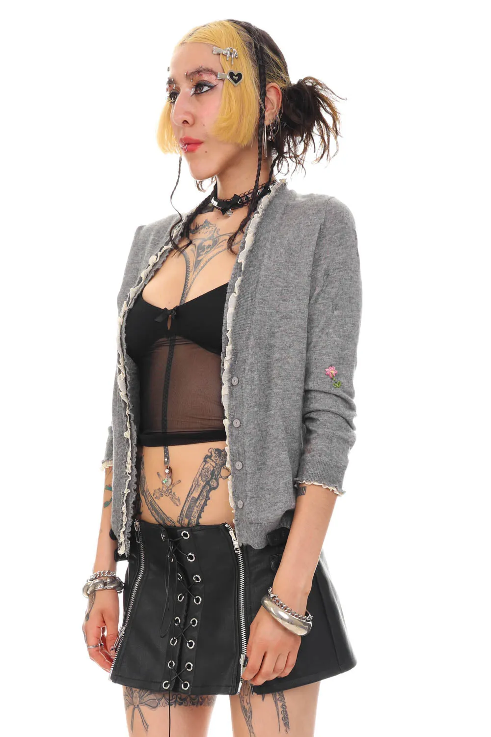 Vintage Y2K Flower Grey Wool Button Cardigan - S/M sold by Tunnel Vision product image thumbnail 4