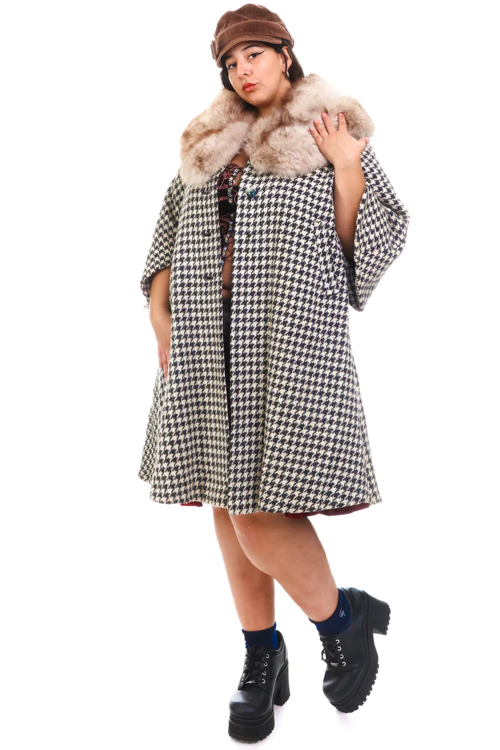 Vintage 90's Houndstooth Fur Collar Jacket - OSFM sold by Tunnel Vision