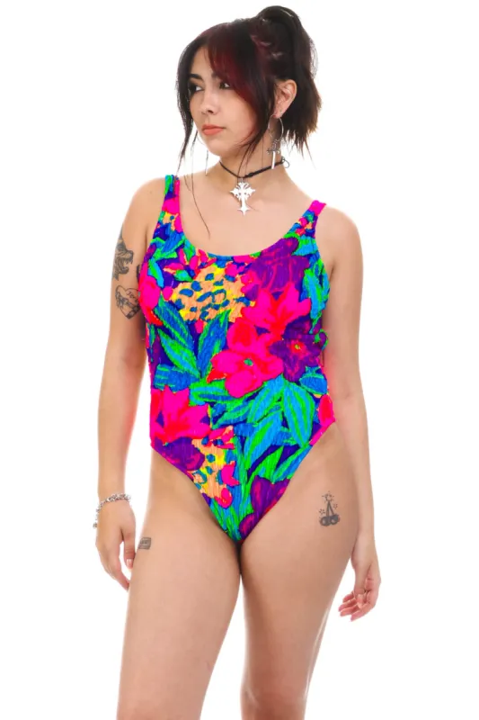 Vintage 80's High Cut Rainbow Floral Swimsuit - S/M sold by Tunnel Vision