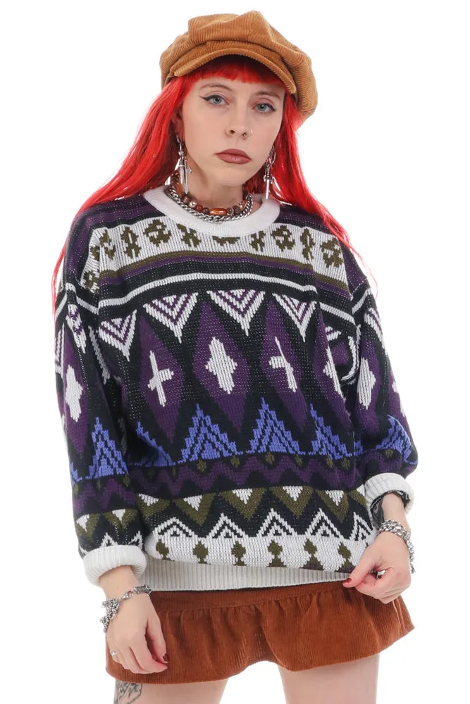 Vintage 90's Vibrant Stripe Pattern Grandpa Sweater - OSFM sold by Tunnel Vision