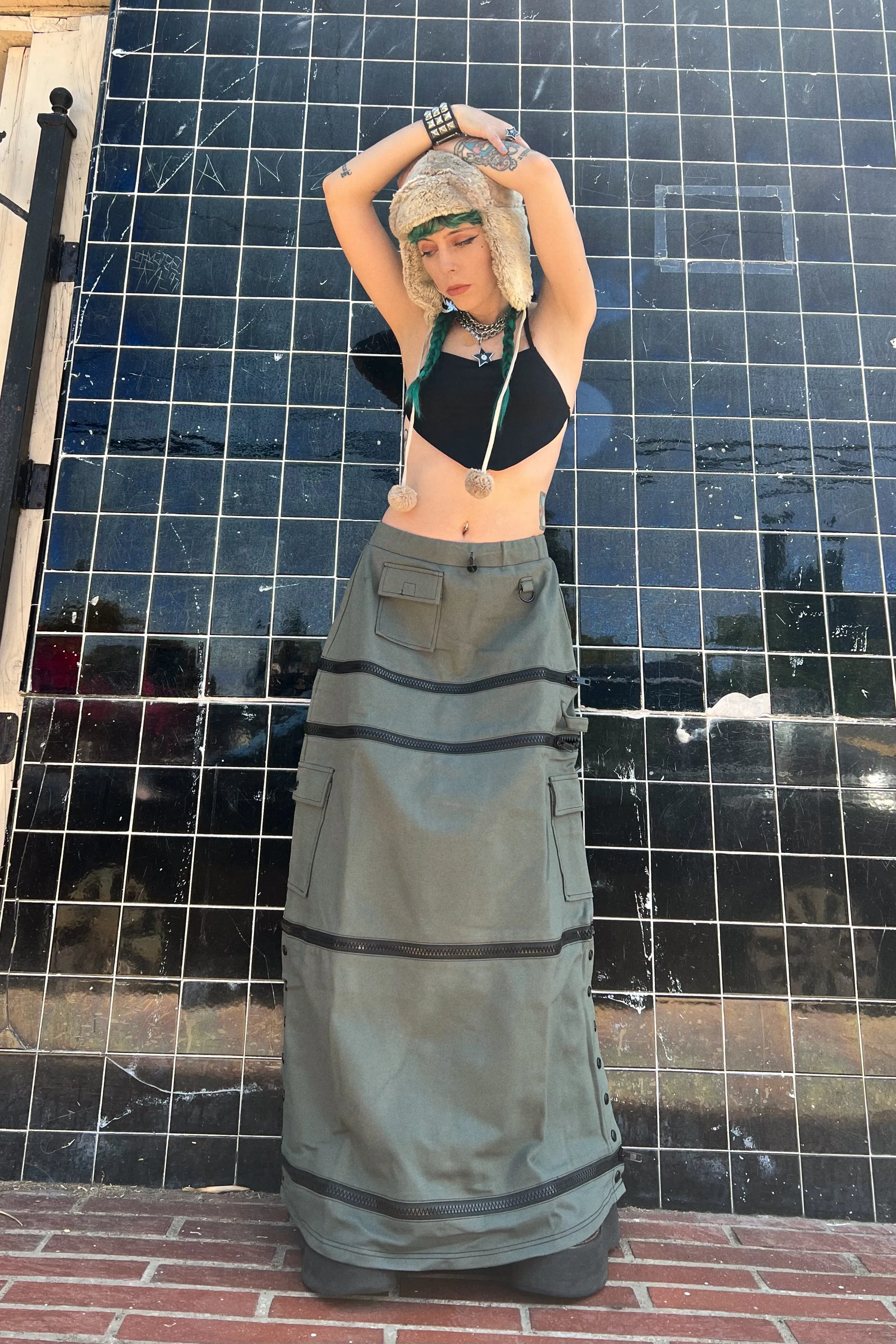 Olive Carmen 5-in-1 Convertible Cargo Skirt sold by Tunnel Vision product image thumbnail 2