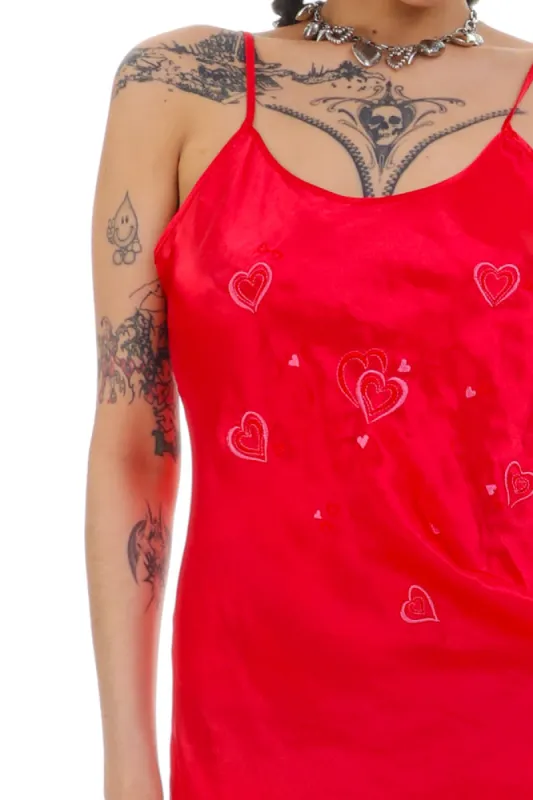 Vintage 90's Heart Romance Red Satin Slip Dress - M sold by Tunnel Vision