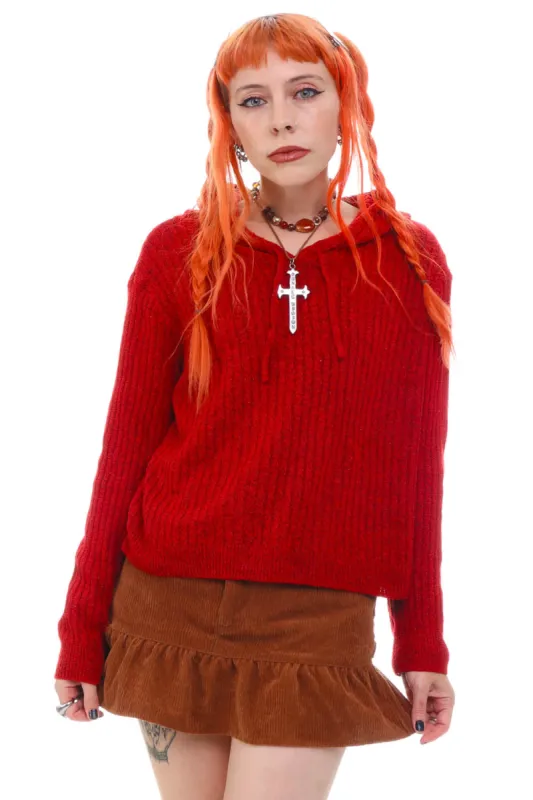 Vintage Y2K Burnt Orange Ribbed Knit Hoodie - OSFM sold by Tunnel Vision