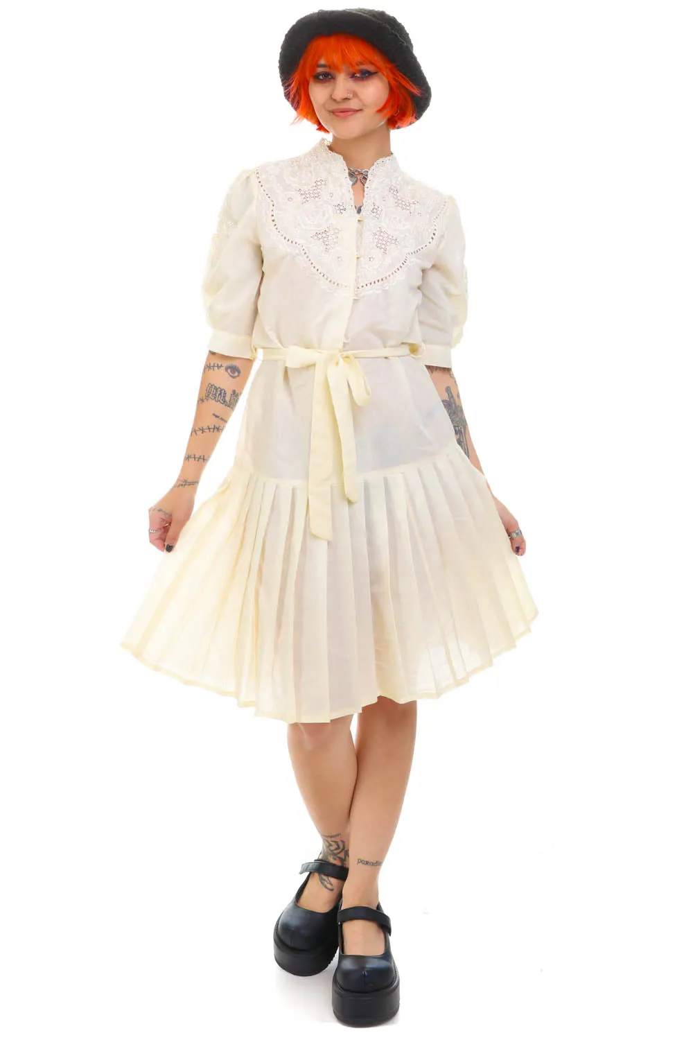 Vintage 60's Delicate Floral Embroidered Pleated Dress - S/M sold by Tunnel Vision