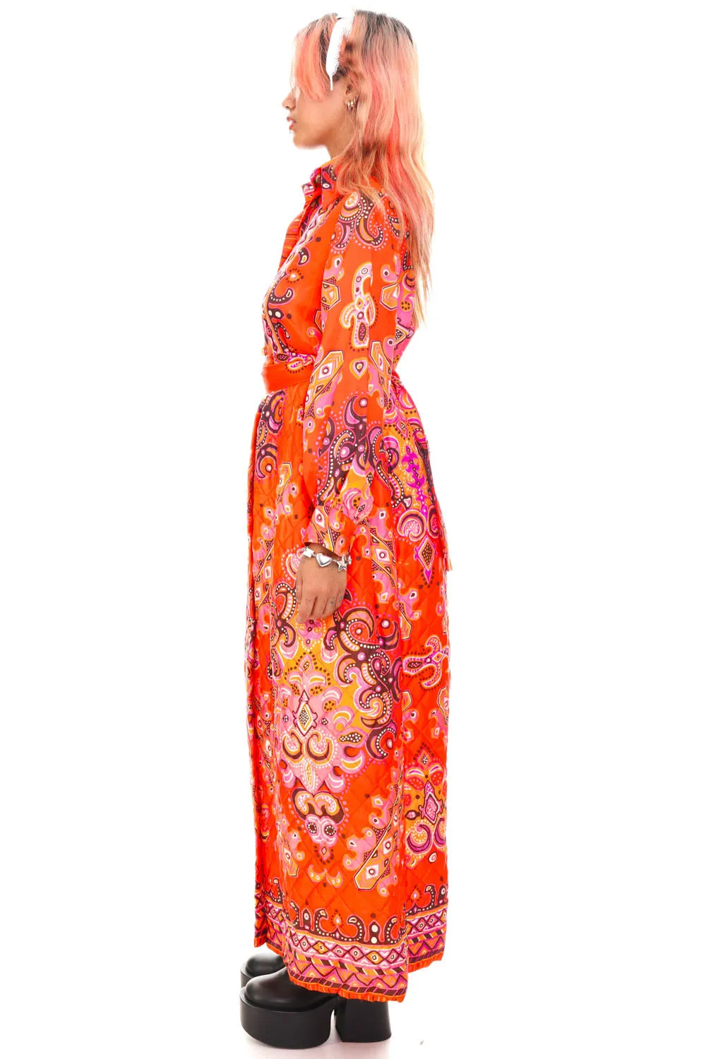 Vintage 70's Bright Orange Pattern Long-Sleeve Maxi Dress - XS/S sold by Tunnel Vision product image thumbnail 4