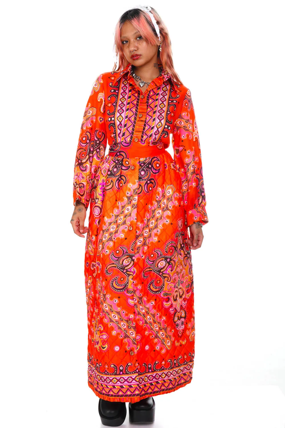 Vintage 70's Bright Orange Pattern Long-Sleeve Maxi Dress - XS/S sold by Tunnel Vision