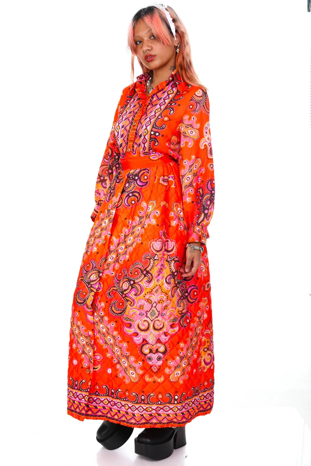 Vintage 70's Bright Orange Pattern Long-Sleeve Maxi Dress - XS/S sold by Tunnel Vision product image thumbnail 3