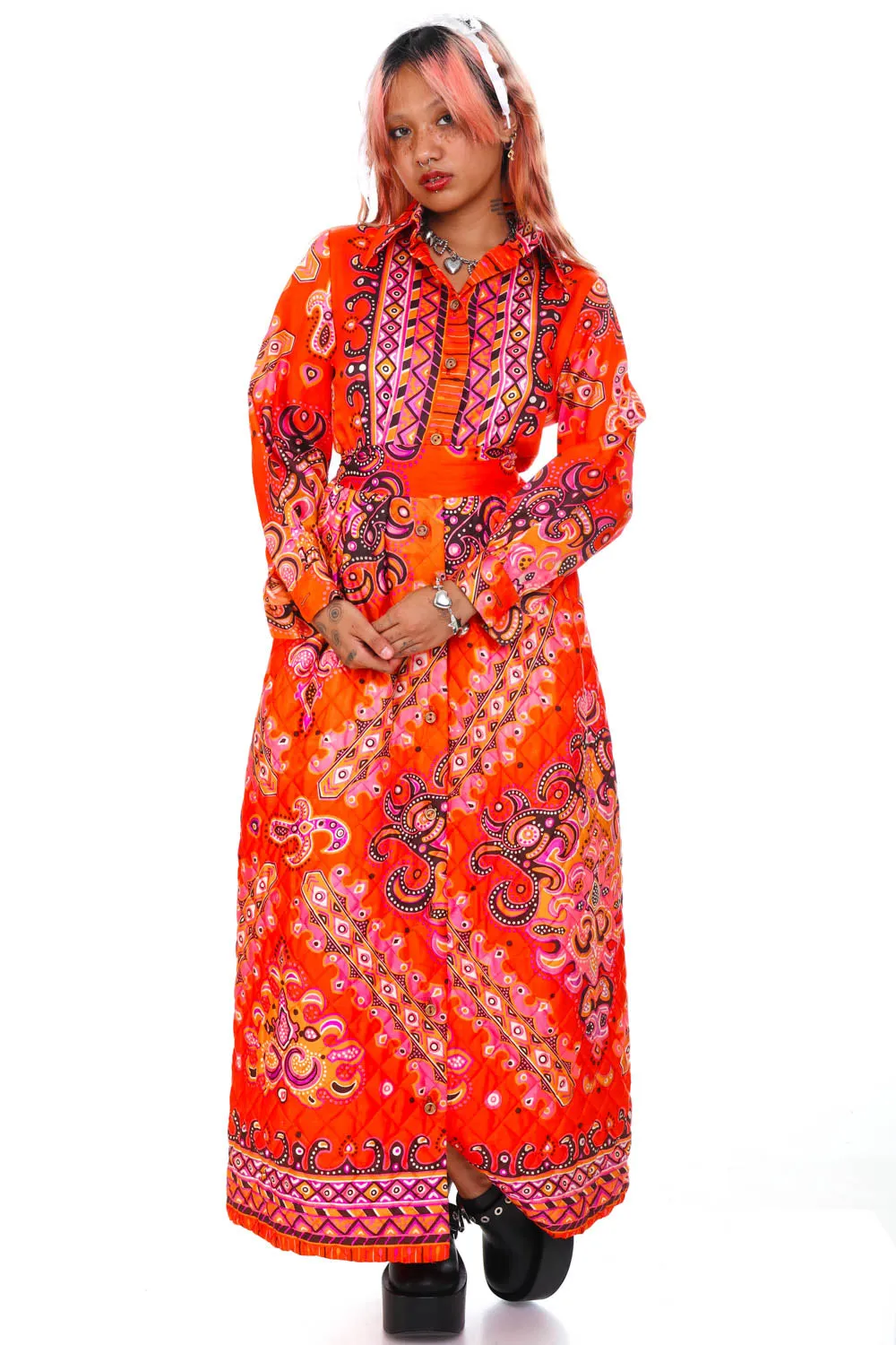 Vintage 70's Bright Orange Pattern Long-Sleeve Maxi Dress - XS/S sold by Tunnel Vision product image thumbnail 2