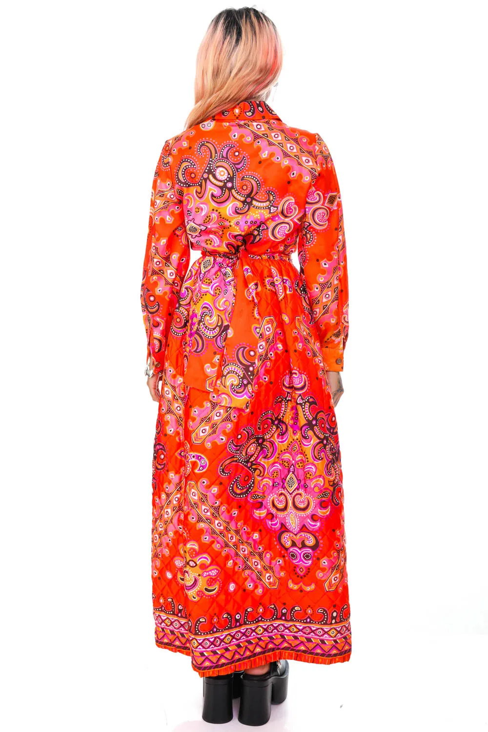 Vintage 70's Bright Orange Pattern Long-Sleeve Maxi Dress - XS/S sold by Tunnel Vision product image thumbnail 5