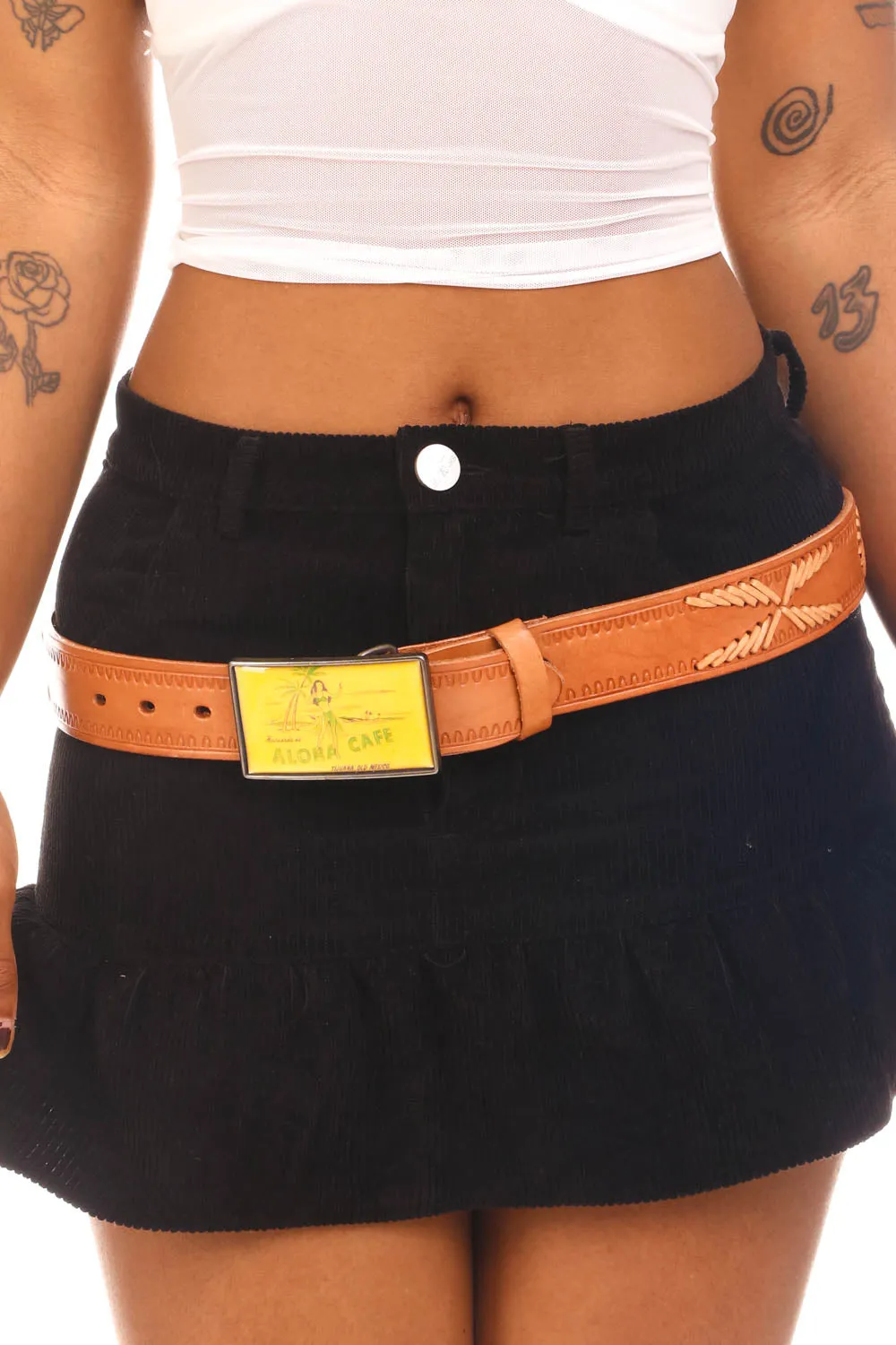 Vintage 90's Aloha Cafe Buckle Detailed Leather Belt - L sold by Tunnel Vision