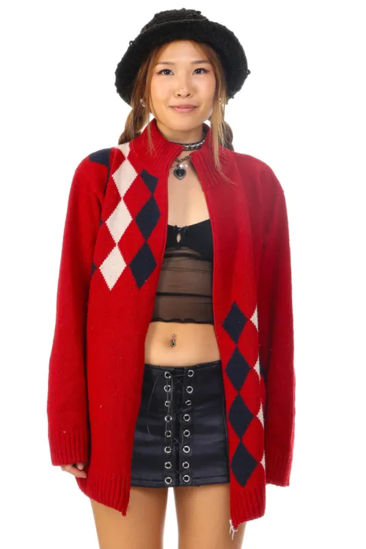 Vintage Y2K Argyle Knit Zip Up Sweater - OSFM sold by Tunnel Vision