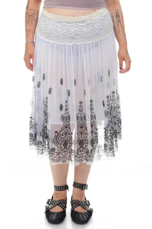 Vintage Y2K White Lace Mesh Black Paisley Skirt - XL/2X sold by Tunnel Vision