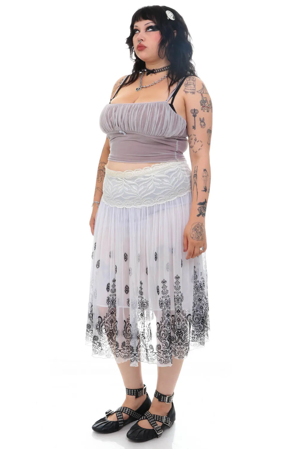 Vintage Y2K White Lace Mesh Black Paisley Skirt - XL/2X sold by Tunnel Vision product image thumbnail 3