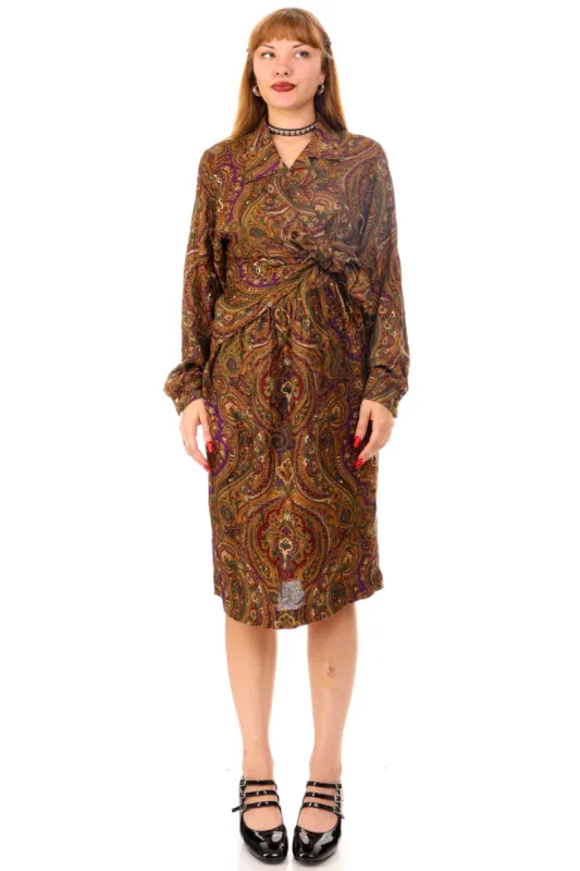Vintage 80's Paisley Tie-Up Long Sleeve Dress - M/L sold by Tunnel Vision