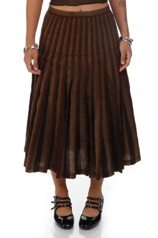 Vintage 80's Shades Of Brown Stripe Pleated Wool Skirt - S sold by Tunnel Vision