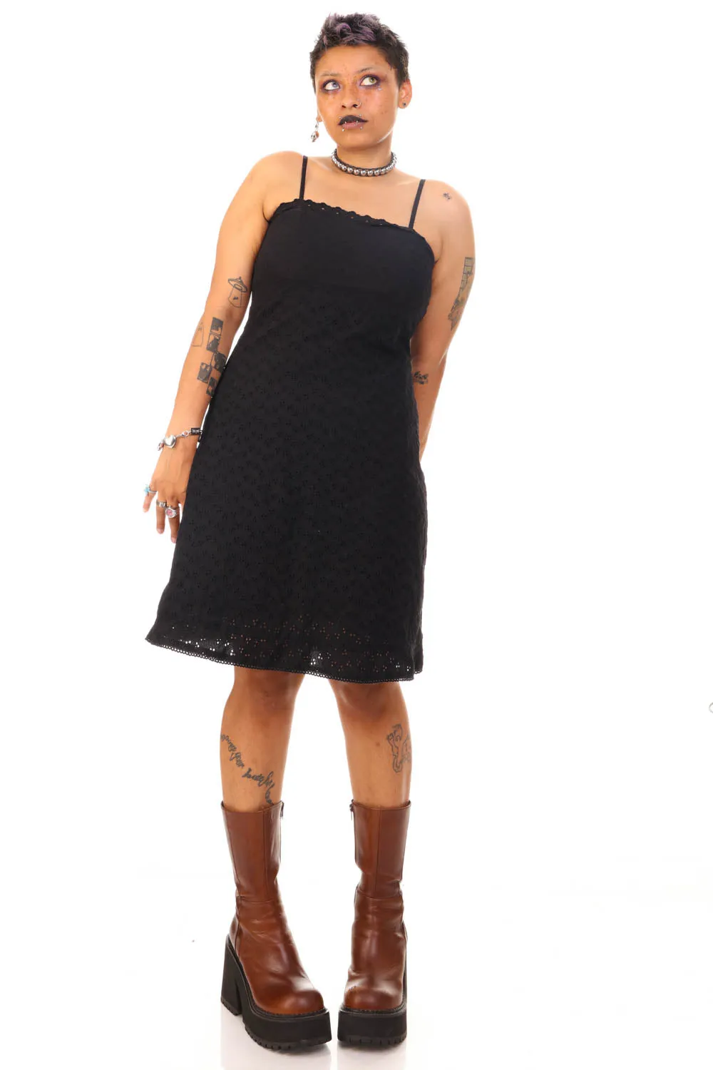 Vintage Y2K Little Black Eyelet Dress - L sold by Tunnel Vision product image thumbnail 2