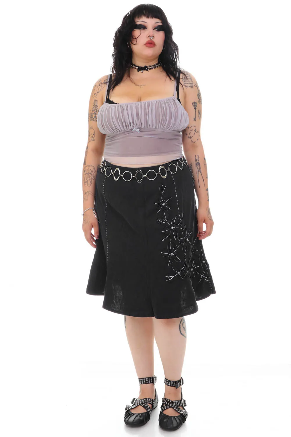 Vintage 90's Black Linen Flower Stitched Skirt - XL sold by Tunnel Vision product image thumbnail 4