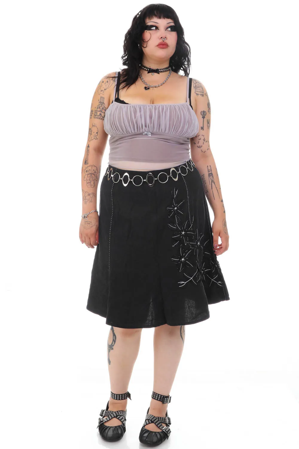 Vintage 90's Black Linen Flower Stitched Skirt - XL sold by Tunnel Vision product image thumbnail 2