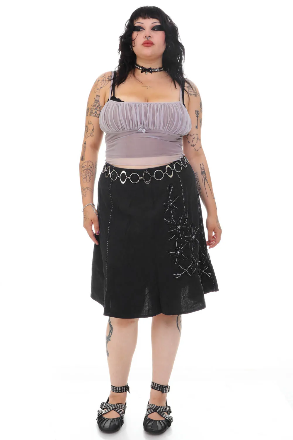 Vintage 90's Black Linen Flower Stitched Skirt - XL sold by Tunnel Vision product image thumbnail 3