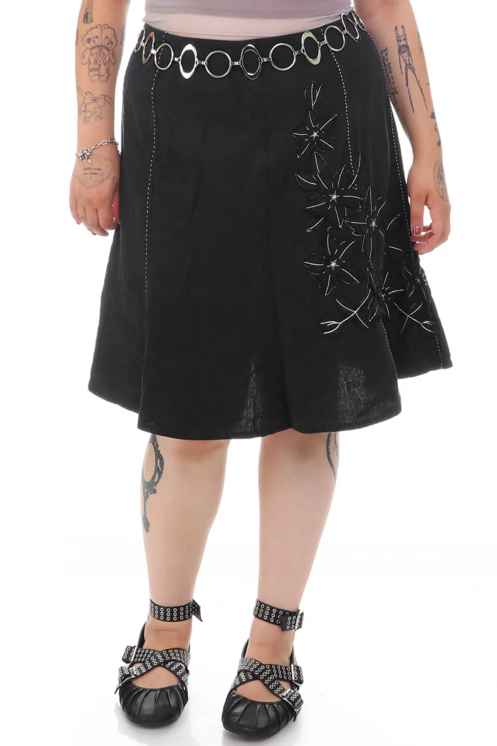 Vintage 90's Black Linen Flower Stitched Skirt - XL sold by Tunnel Vision