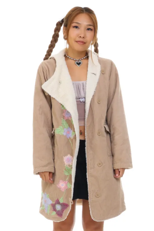 Vintage Y2K Flower Embroidered Corduroy Sherpa Hooded Jacket - S sold by Tunnel Vision