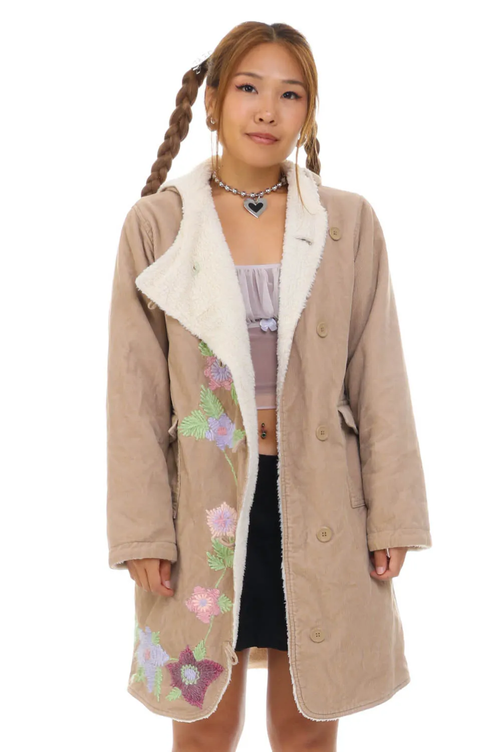 Vintage Y2K Flower Embroidered Corduroy Sherpa Hooded Jacket - S sold by Tunnel Vision