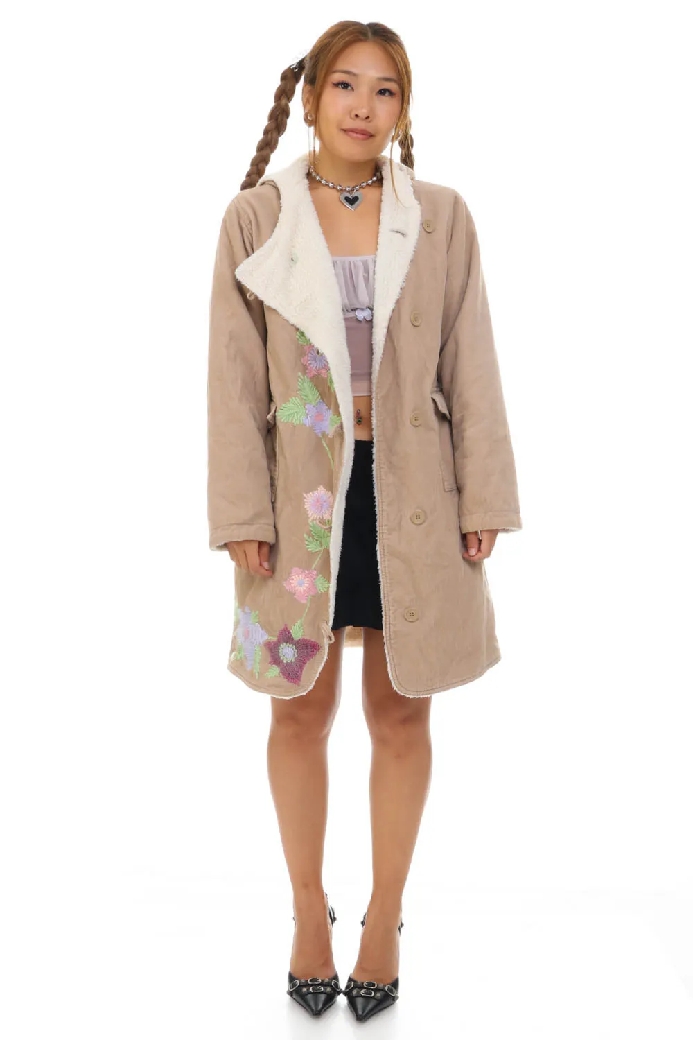 Vintage Y2K Flower Embroidered Corduroy Sherpa Hooded Jacket - S sold by Tunnel Vision product image thumbnail 3