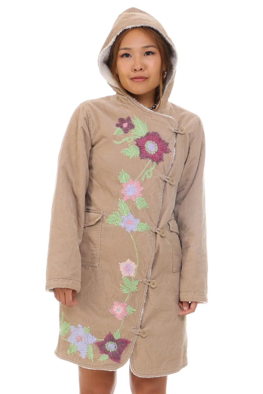 Vintage Y2K Flower Embroidered Corduroy Sherpa Hooded Jacket - S sold by Tunnel Vision product image thumbnail 2