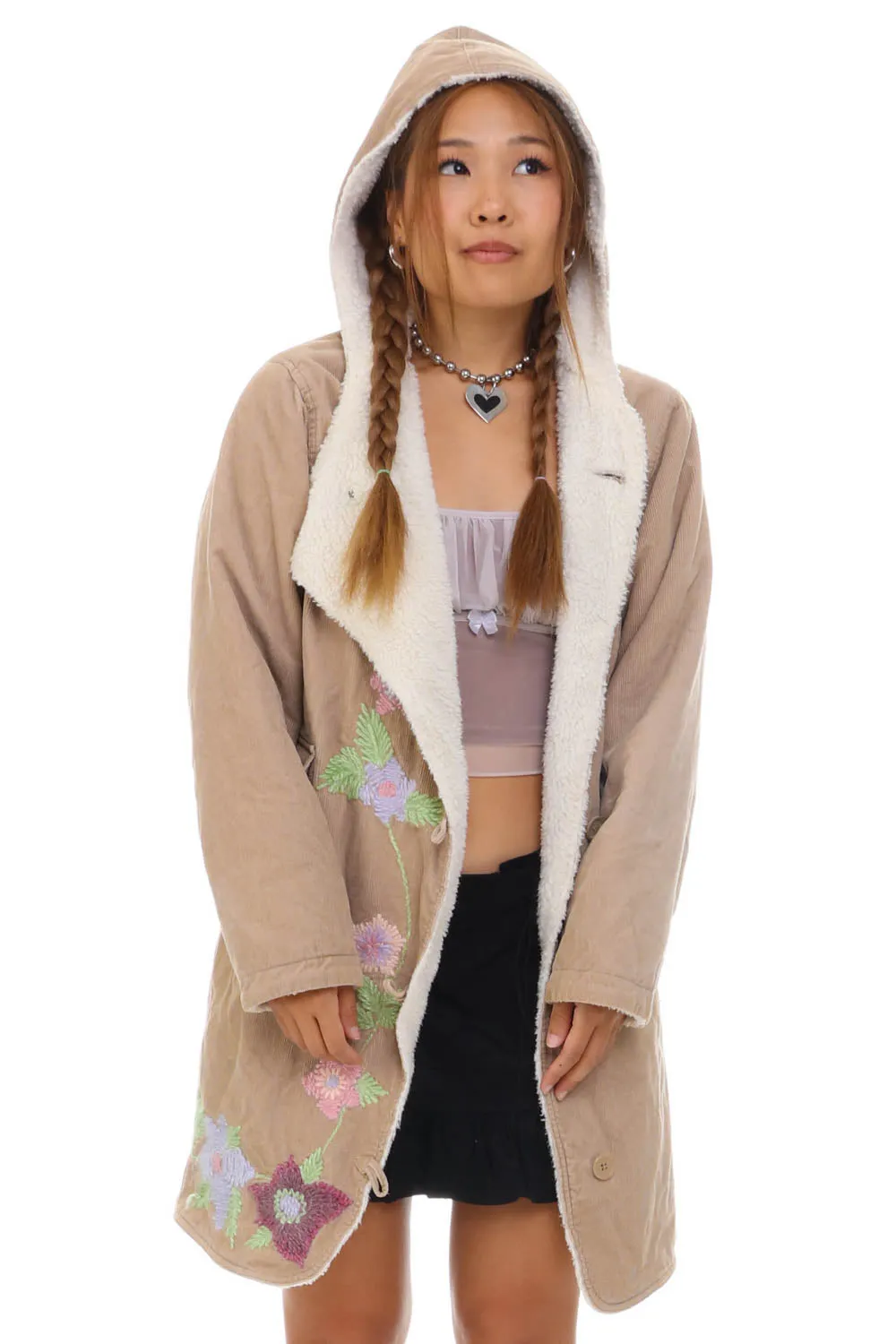 Vintage Y2K Flower Embroidered Corduroy Sherpa Hooded Jacket - S sold by Tunnel Vision product image thumbnail 5